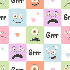 Colorful monster faces seamless pattern. Funny vector illustration, textile print