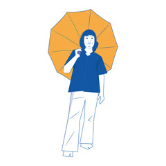 A woman standing under a yellow umbrella.