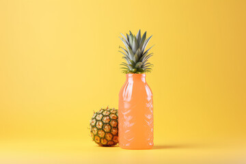 Clean plastic transparent bottle with natural freshly squeezed pineapple juice with ripe pineapple isolated on flat yellow background with copy space for text. Mocap of natural juice in a bottle. 