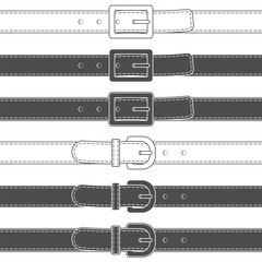 Set of black and white illustrations of belt with buckle. Isolated vector object on white background.
