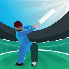 illustration of a batsman playing cricket on the field in colorful background.