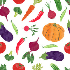 Seamless colorful vegetables pattern. Vector watercolor harvest illustration