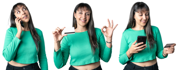 Latin woman collage set portrait doing online purchase with credit card and smart phone. Isolated transparent background