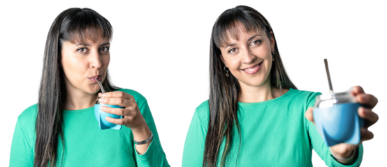 Latin brunette woman drinking mate, Argentinian traditional drink, while looking at camera. Isolated transparent background