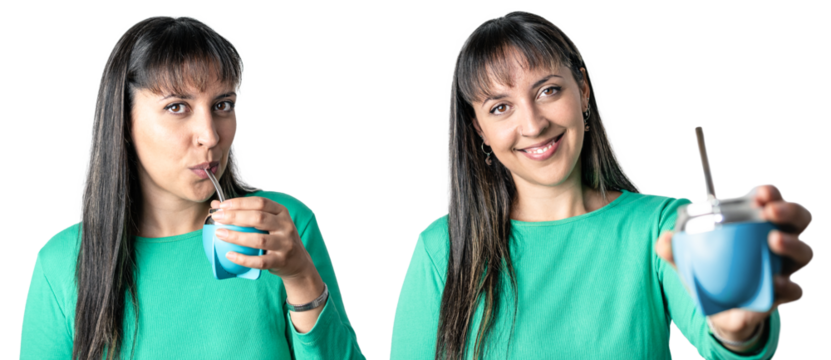 Latin brunette woman drinking mate, Argentinian traditional drink, while looking at camera. Isolated transparent background