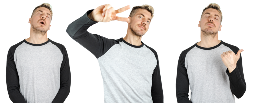 Collage of set of man portraits falling asleep while standing up, doing peace sign with fingers and pointing tired to the left blank space. Isolated transparent background