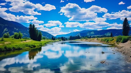 Fototapeta na wymiar Summer Landscape of Kootenai River in Bonners Ferry, Idaho: Blue Skies, Water and Clouds in Serene Nature Scene: Generative AI