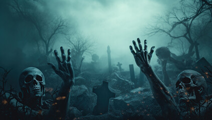 Obraz na płótnie Canvas zombie hands rising in dark halloween night Generative AI