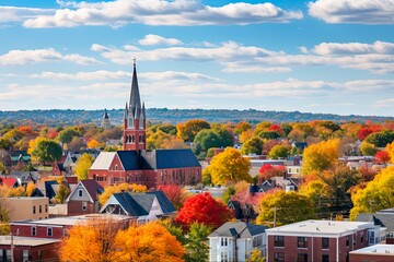 Medieval Charm Meets Autumn Beauty: Explore the Town of Framingham, Massachusetts on a Gorgeous Morning: Generative AI - obrazy, fototapety, plakaty