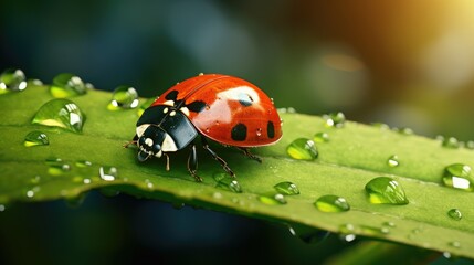 Beautiful ladybug on leaf in the morning with the dew of the rising sun