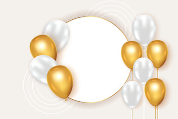 Birthday round frame with Realistic golden balloon set with golden confetti