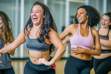 Middle-aged women enjoying a joyful dance class, candidly expressing their active lifestyle through Zumba with friends, generative ai - obrazy, fototapety, plakaty