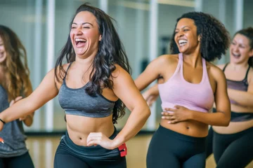 Fototapete Fitness Middle-aged women enjoying a joyful dance class, candidly expressing their active lifestyle through Zumba with friends, generative ai