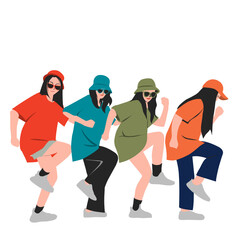 four friends dancing from the side, Flat vector illustrations isolated on white background.