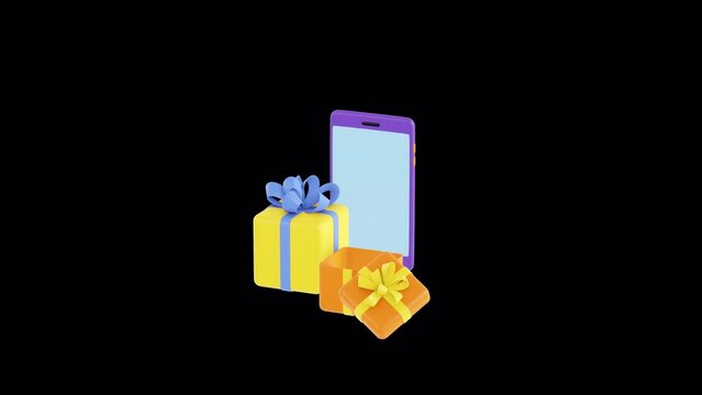 Smartphone and present box pops up animation. Gift give away, Mobile Marketing, earning prizes, bonus or rewards from store, sale. online present. stock footage with ALPHA channel. Birthday present