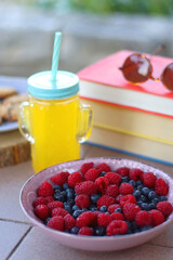 Straw hat, orange soda in the cactus shaped cup, bowl of fresh blueberreis and raspberries, plate of chocolate chip cookies, stack of books and sunglasses in the garden. Selective focus.