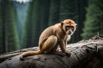 A sad monkey sitting and looking at trees cut down by humans - Generative AI