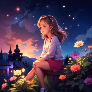 Cartoon illustration, gorgeous girl, looking at sky, happy, sky with stars, RGB colored night sky