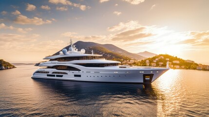 Luxury Super yacht cruiser at sunset