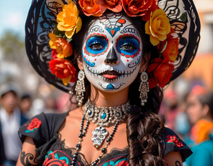 celebrating the day of the dead, with the typical makeup of katrina