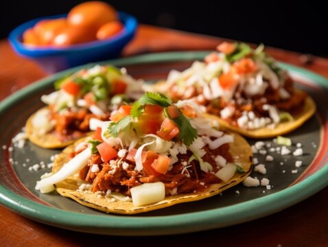 Tinga Tostadas on a vibrant Mexican earthenware plate, garnished with queso fresco and a squeeze of fresh lime