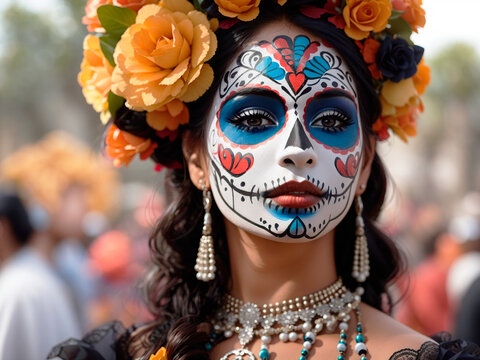 A beautiful brunette with a stylized makeup of La Katrina mask,the day of the dead
