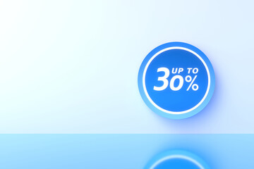 3D Rendering. 30 percent off with freespace for texting on pastel blue background. Special Offer 30% Discount Tag. Super sale offer and best seller.