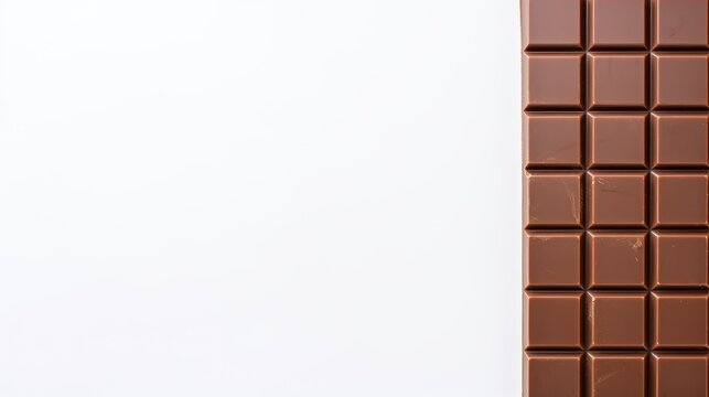 Milk chocolate bar pieces on white isolated background. Top view, with text space can use for advertising, ads, branding