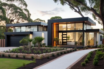 The front view of a recently built, contemporary home in an Australian architectural style. - obrazy, fototapety, plakaty