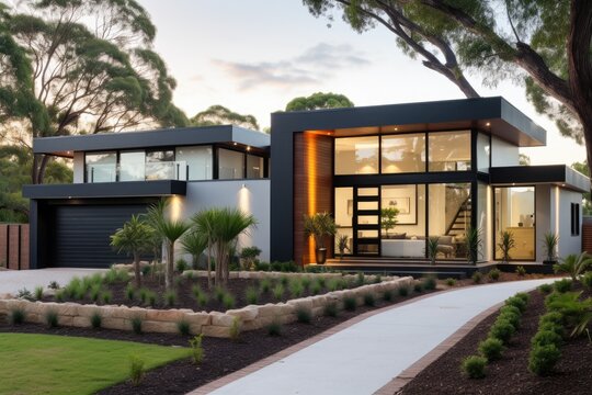 The Front View Of A Recently Built, Contemporary Home In An Australian Architectural Style.