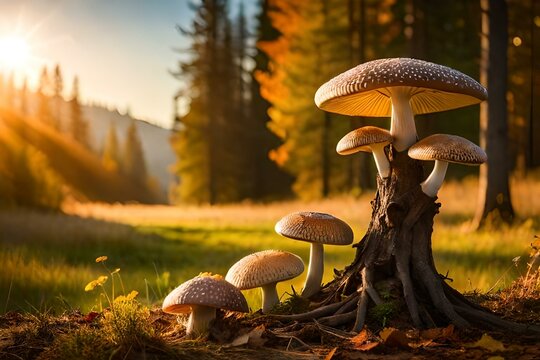mushroom in autumn forest - Generative AI