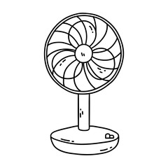 Desktop electrical fan. Cooling air conditioning unit in hot weather. Black and white vector isolated illustration hand drawn. Outline doodle blower. Icon or card