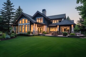 The recently constructed luxurious home boasts an attractive outer appearance, complemented by a well maintained yard featuring lush green grass and meticulously designed landscaping.