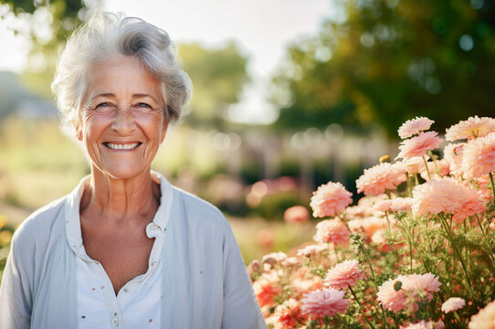 AI generated image of mature senior female in front of house