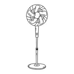 Floor electrical fan. Cooling air conditioning unit in hot weather. Black and white vector isolated illustration hand drawn. Outline doodle blower icon