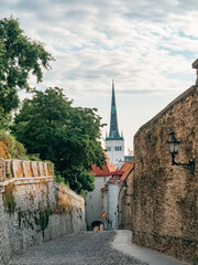 Tallinn, Estonia - 07 01 2023: Street in Tallinn Old Town. Descent to the Lower City
