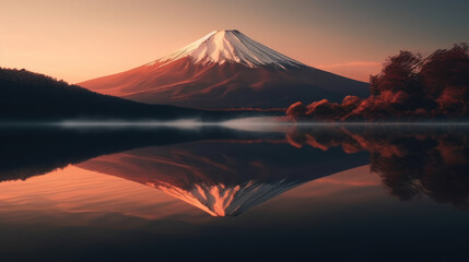 Snowy mountain at the lake, autumn