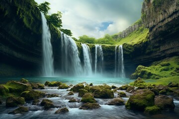 Landscape photography of majestic waterfalls, Generative AI