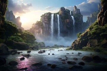 Fototapeta na wymiar Landscape photography of majestic waterfalls, Generative AI
