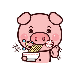 Cute Little Pig Eating Ramen Noodles. Kawaii Vector