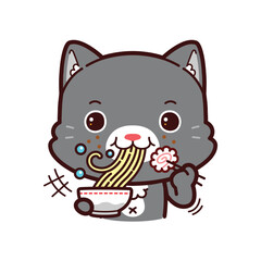 Cute Little Black Cat Eating Ramen Noodles. Kawaii Vector
