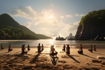 Photograph of people practicing yoga on tropical beaches, Generative AI