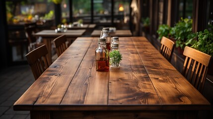 a front view of a dark rustic brown, empty wooden table for product placement with blurry background, serving as a blank wood table mockup, Ai generative
