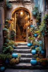 Steps leading to open door and potted plants. French countryside. Generative AI
