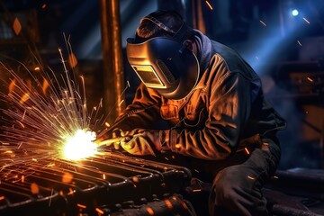 Welder welding steel in a factory , Industrial Worker at the factory welding closeup
