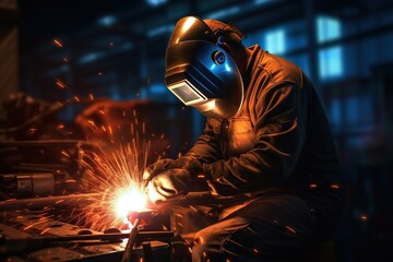 Fototapeta na wymiar Welder welding steel in a factory , Industrial Worker at the factory welding closeup