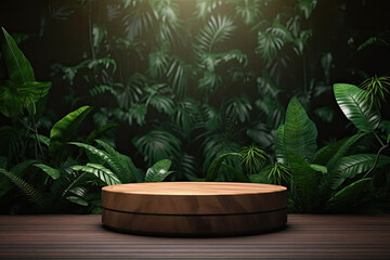 An empty wooden plate in front of a tropical leaf theme product stage for displaying products.