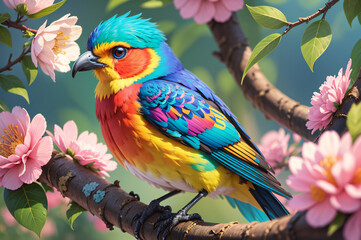 Colorful Parrot Perching on Flowering Branch in Tropical Nature created with Generative AI technology