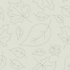Seamless pattern with leaves. Vector foliage isolated on background. Outline silhouette of leaf. Endless decorative background or template for fabric, textile, autumn or spring festival, holiday