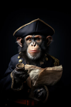 Monkey pirate in triangle hat and overcoat with map and compass in hand.
